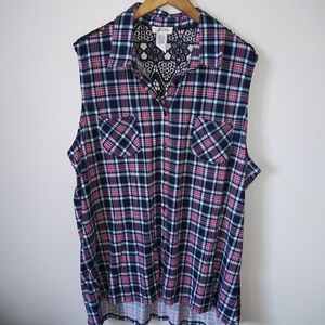 Womens plaid crochet trim blouse top plus sz